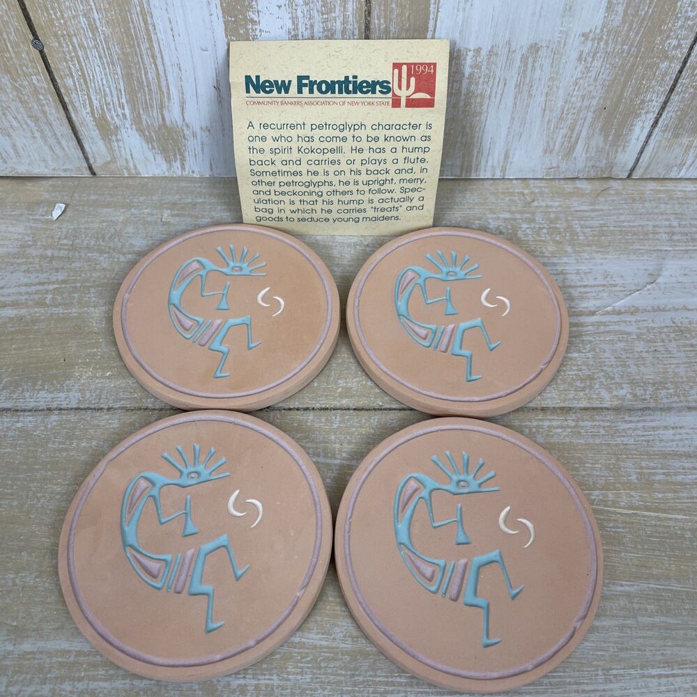 Set of 4 Southwest Terracotta Coasters Kokopelli Eagle Tribal Art Coaster Holder
